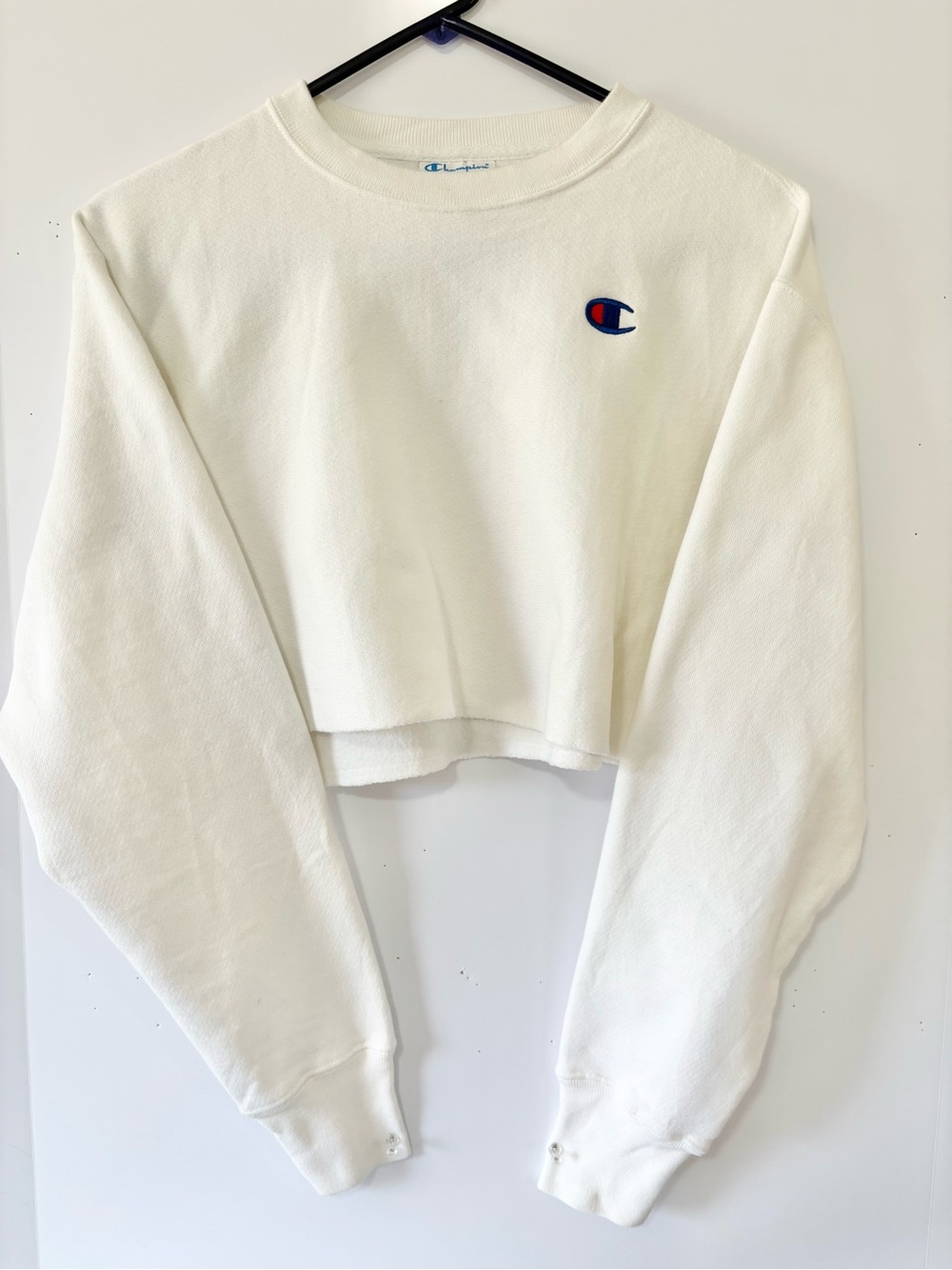 Champion White Cropped Crew Sweatshirt with Embroidered Logo